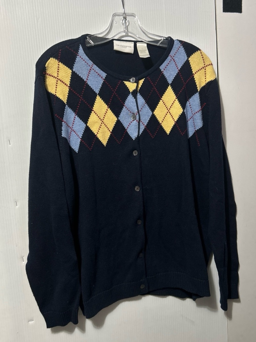 Liz Claiborne Navy Cardigan with Yellow & Light Blue Argyle